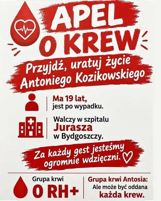 Apel o oddanie krwi dla 19-letniego Antosia po wypadku