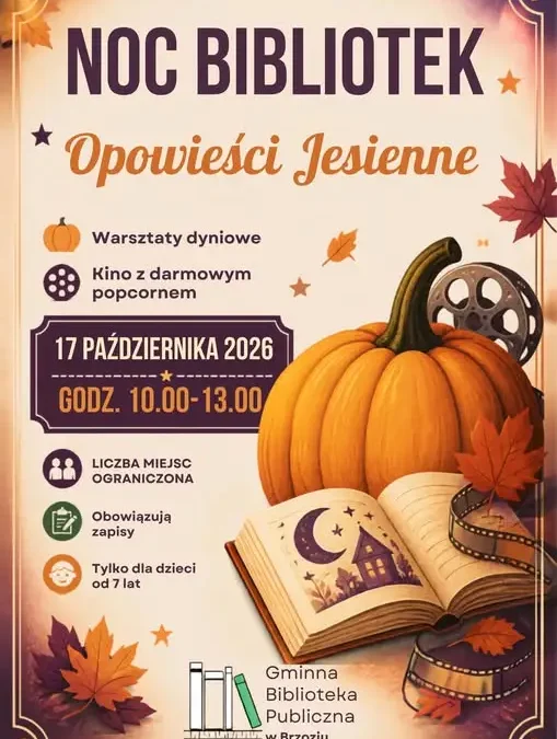 Noc Bibliotek w Brzozie – dyniowe warsztaty i kino dla dzieci