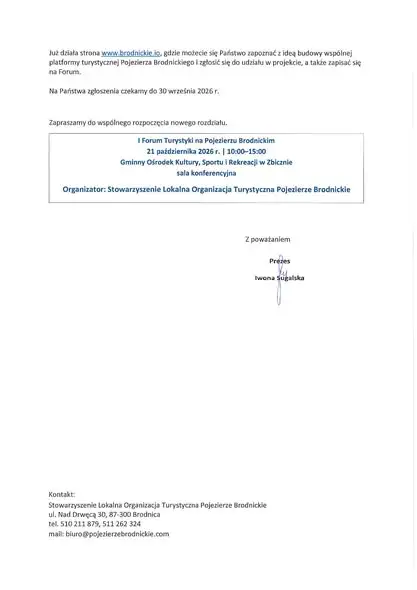 I Forum Turystyki na Pojezierzu Brodnickim – zaproszenie do Zbiczna