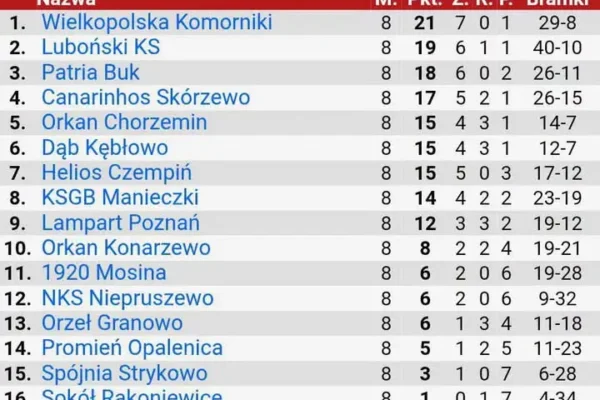 Red Box Klasa Okręgowa grupa 3: tabela po 8 kolejkach. KSGB Manieczki na 8. miejscu