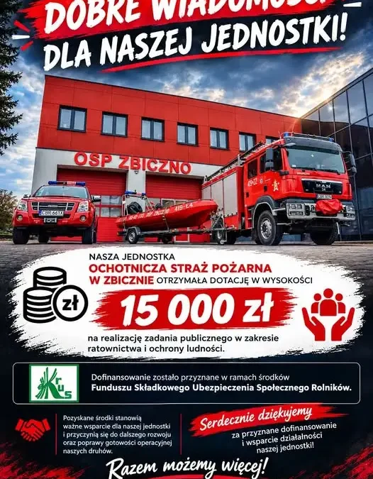15 000 zł dotacji dla OSP Zbiczno na ratownictwo i ochronę ludności