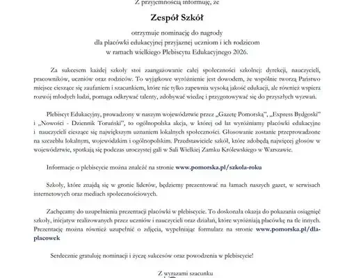 Zespół Szkół w Gorznie nominowany w Plebiscycie Edukacyjnym 2026